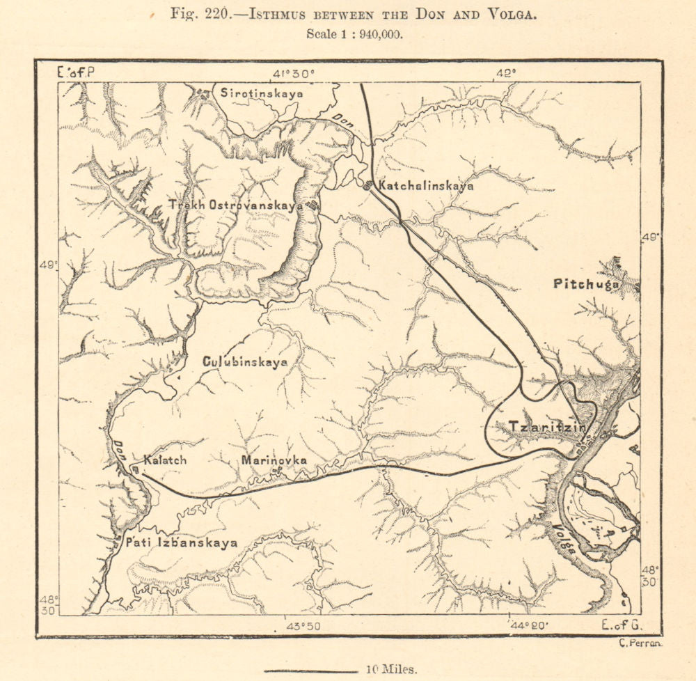 Isthmus Between the Don and Volga. Volgograd. Russia. Sketch map 1885 old
